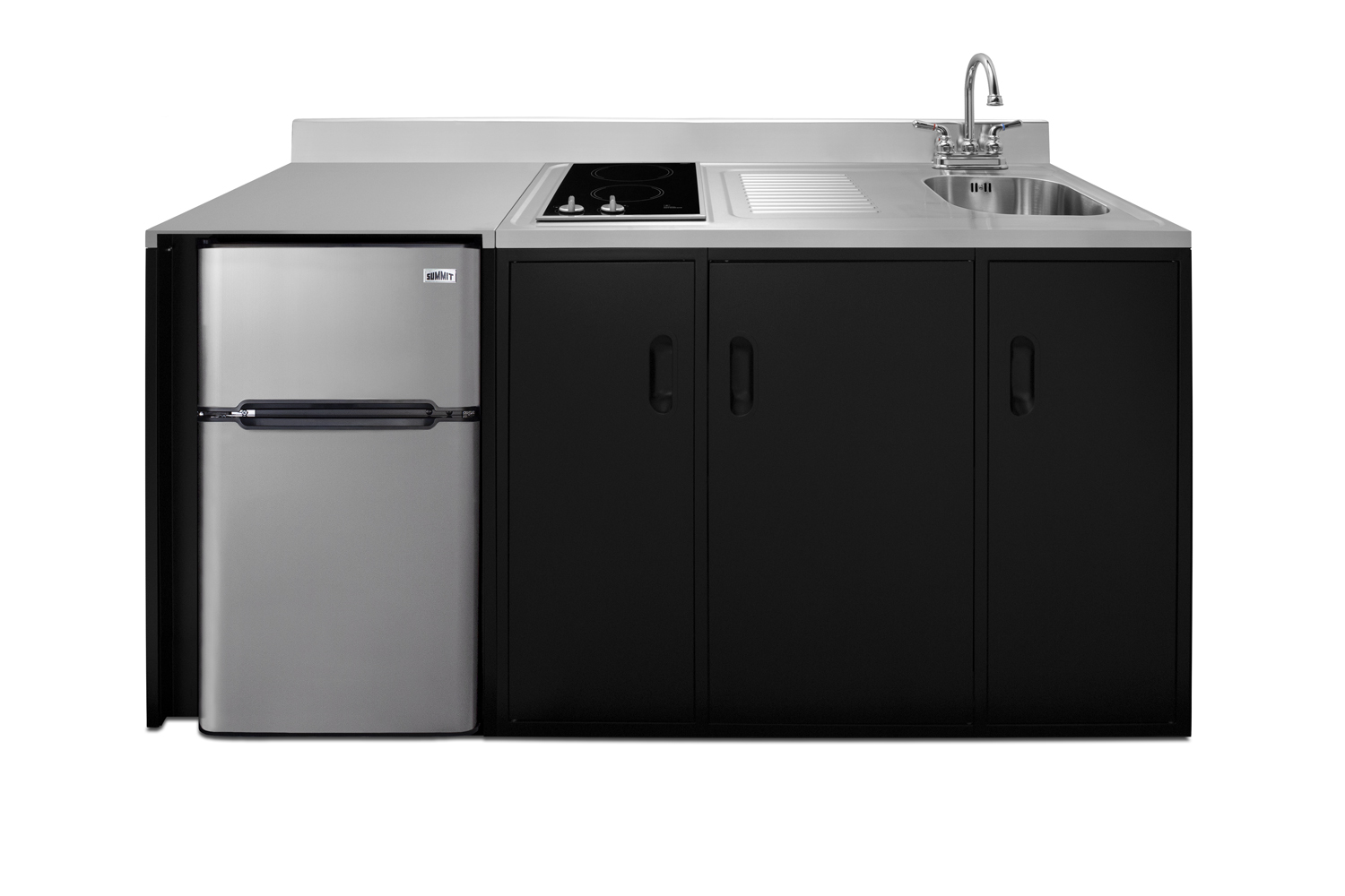 72 inch wide, ADA counter height all-in-one kitchenette in black with a 2-burner 115V smooth top cooktop, 2-door refrigerator-freezer, sink, and three storage cabinets